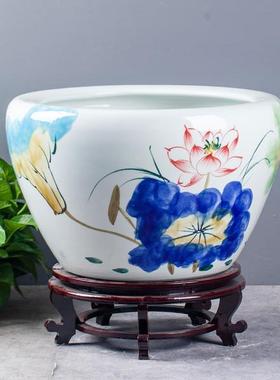 景德镇手绘青花瓷缸落地门海客厅养鱼缸户外庭院大水缸睡莲荷花缸