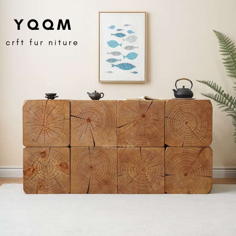 原木侘寂中古方形复古深纹茶几玄关民宿酒店花架根雕矮凳树桩墩子