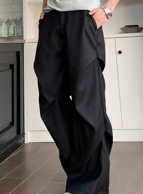 TWORED美式小众褶皱拖地微喇休闲裤高级感宽松直筒垂感黑色西裤男