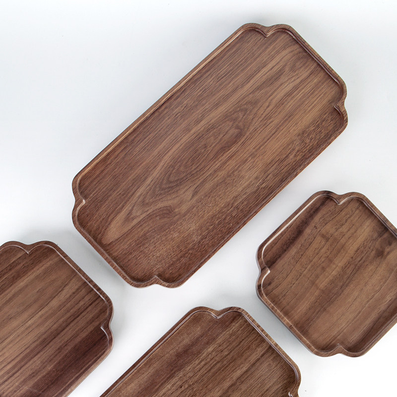 木上 黑胡桃木新中式花边托盘 整木实木干泡小茶盘杯盘点心盘