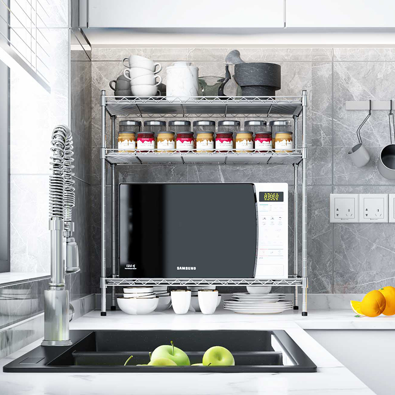 厨房3层不锈钢304微波炉台面整理架简约三层碗盘杂物收纳置物架