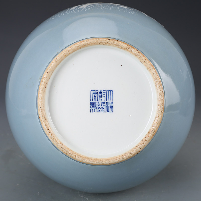 大清乾隆蓝釉留白花卉纹蒜头瓶 仿古瓷器古董古玩老货收藏