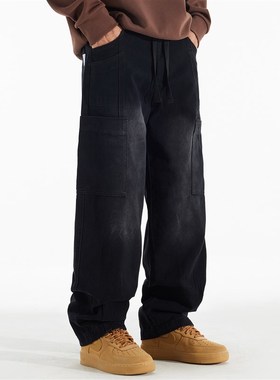 370g重磅纯棉黑色直筒牛仔裤男宽松加肥加大休闲百搭胖子黑色长裤