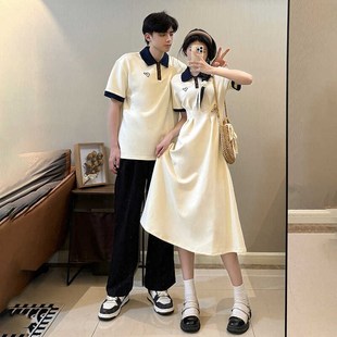 情侣装一裙一衣夏季2024新款法式学院风学生Polo领连衣裙显瘦短袖