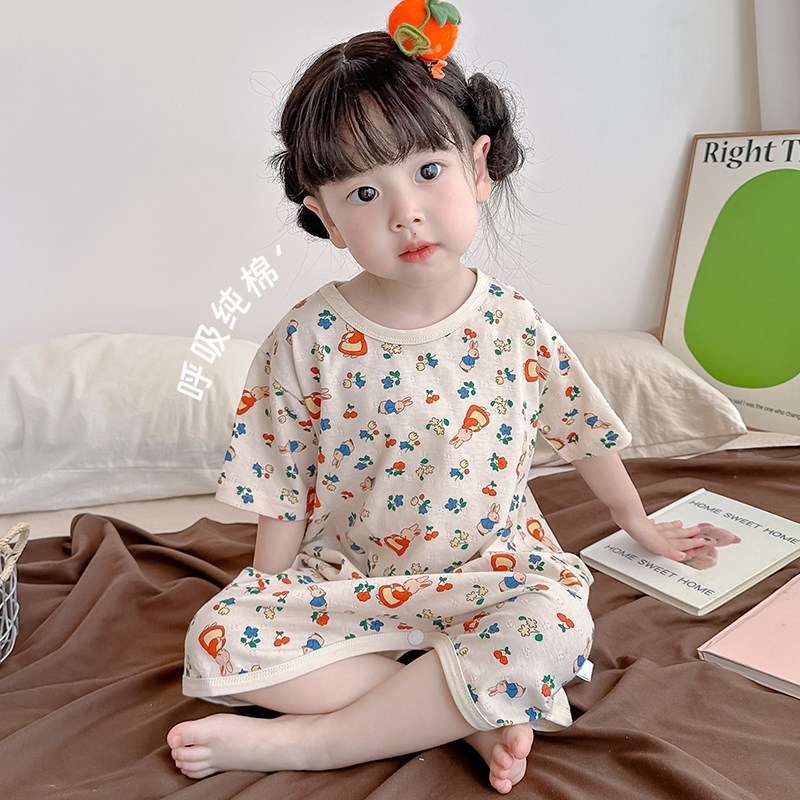 女童睡裙夏季防踢空调睡衣薄宝宝呼吸纯棉连体睡袍小孩家居服卡通