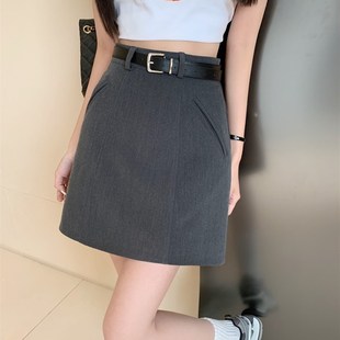 灰色短裙女半身裙胖mm小个子a字裙口袋工装包臀裙遮肚子西装裤裙