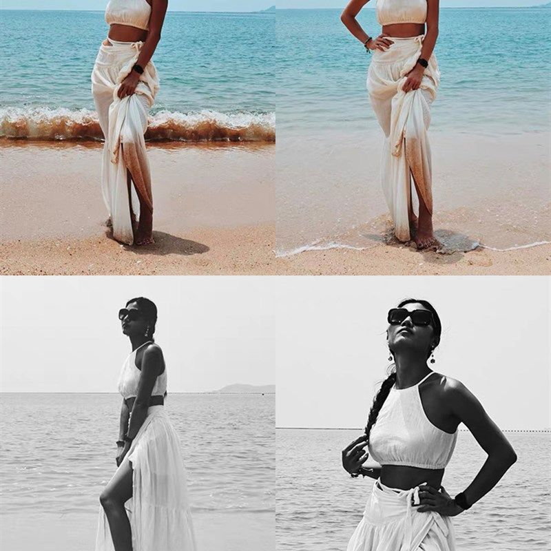 新款海边度假沙滩裙性感挂脖吊带背心超长开衩高腰显瘦半身裙套装