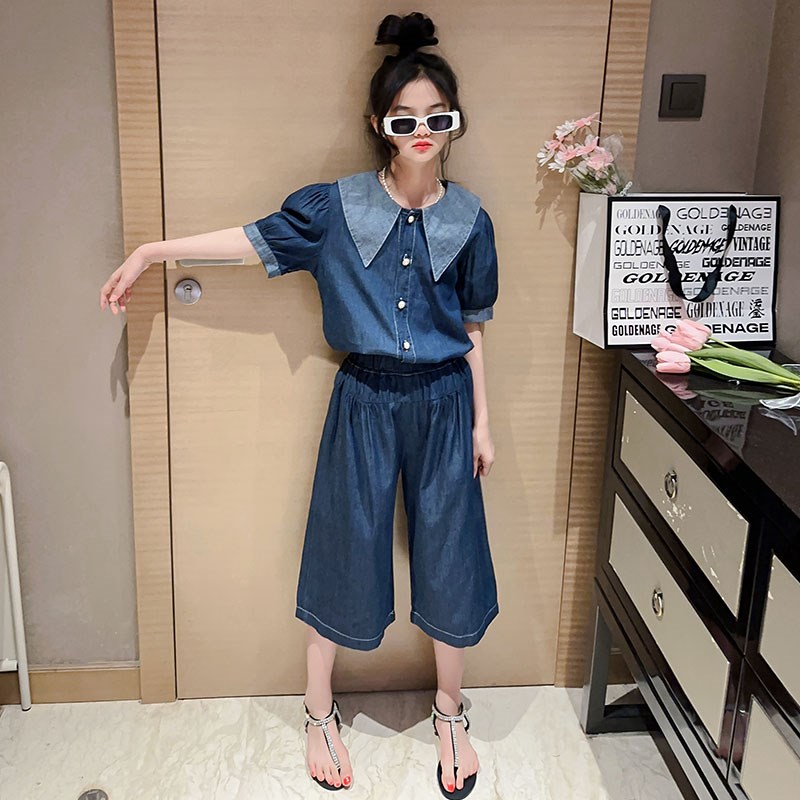 女大童夏季套装2025新款洋气夏装女孩短袖薄款牛仔W衬衣短裤两件