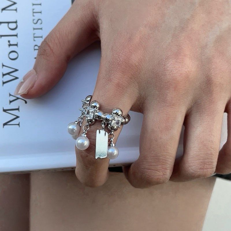 高级感皓石珍珠流苏开口戒u指食指女夸张个性方形指环时尚小众设