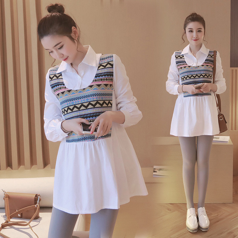 小个子孕妇装连衣裙春秋款民族风长袖衬衫上衣中T长款时尚假两件