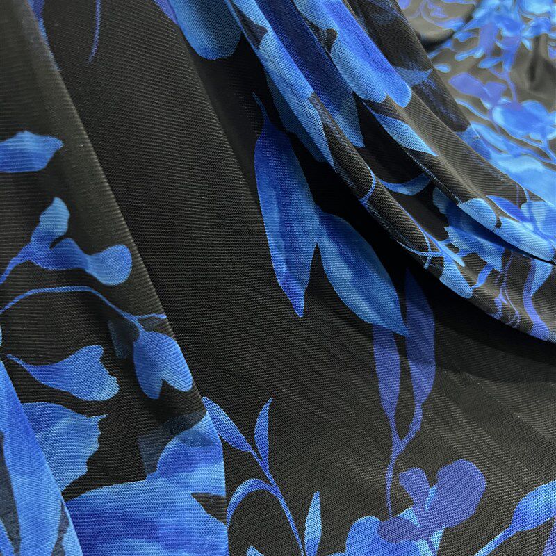 弹力网纱印花布料 透肉氨纶网黑底兰花连衣裙打底衫面料