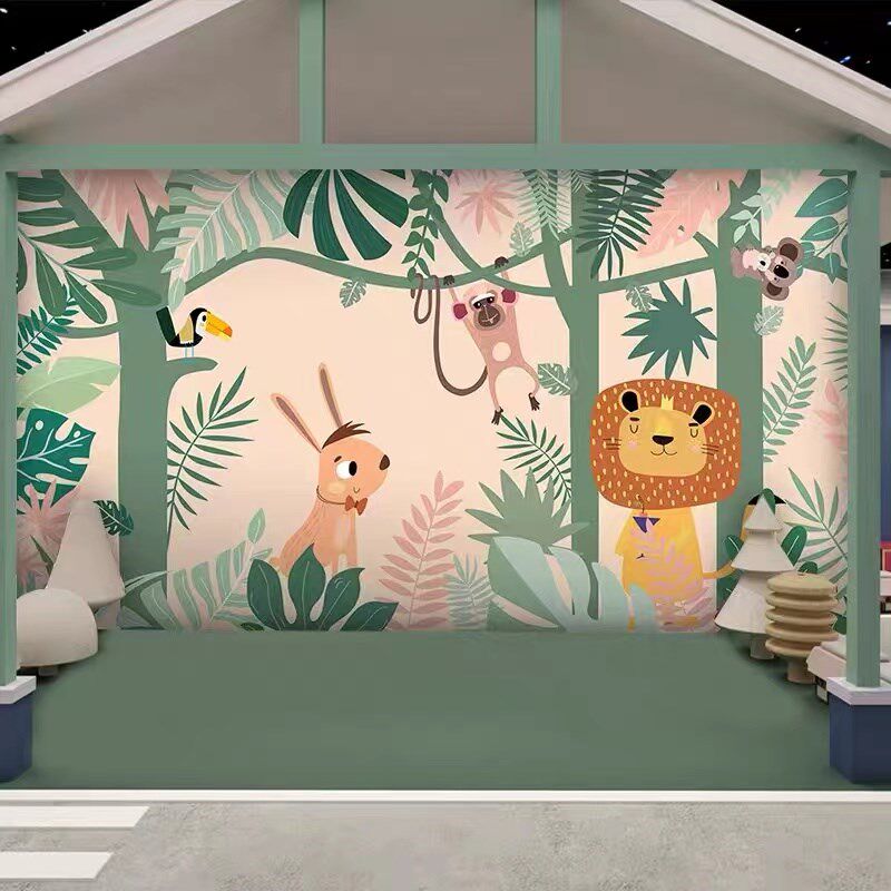儿童房卡通墙布h森林动物壁纸男孩卧室背景墙壁画童装店幼儿园墙