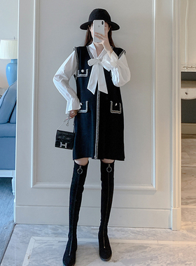 孕妇装20d21韩系简约黑色拼接孕妇中长款v领长袖连衣裙潮妈