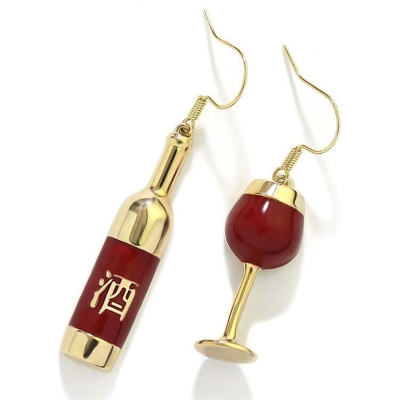 个性不对称酒瓶耳环红色酒杯u耳饰女2020年新款潮韩国时尚网红耳