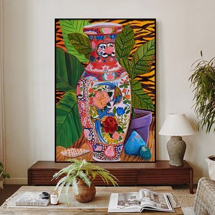 马蒂斯陶瓷花瓶客厅装 饰画玄关抽象艺术小众挂画植物彩色手绘油画