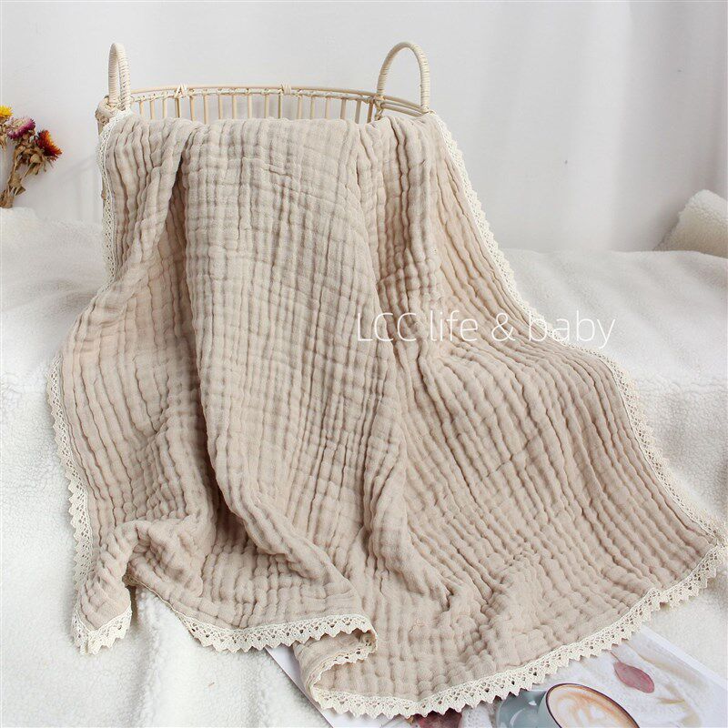 北欧六层纱布棉花边毯子襁褓包巾宝宝推J车盖毯浴巾拍照毯纯棉绉