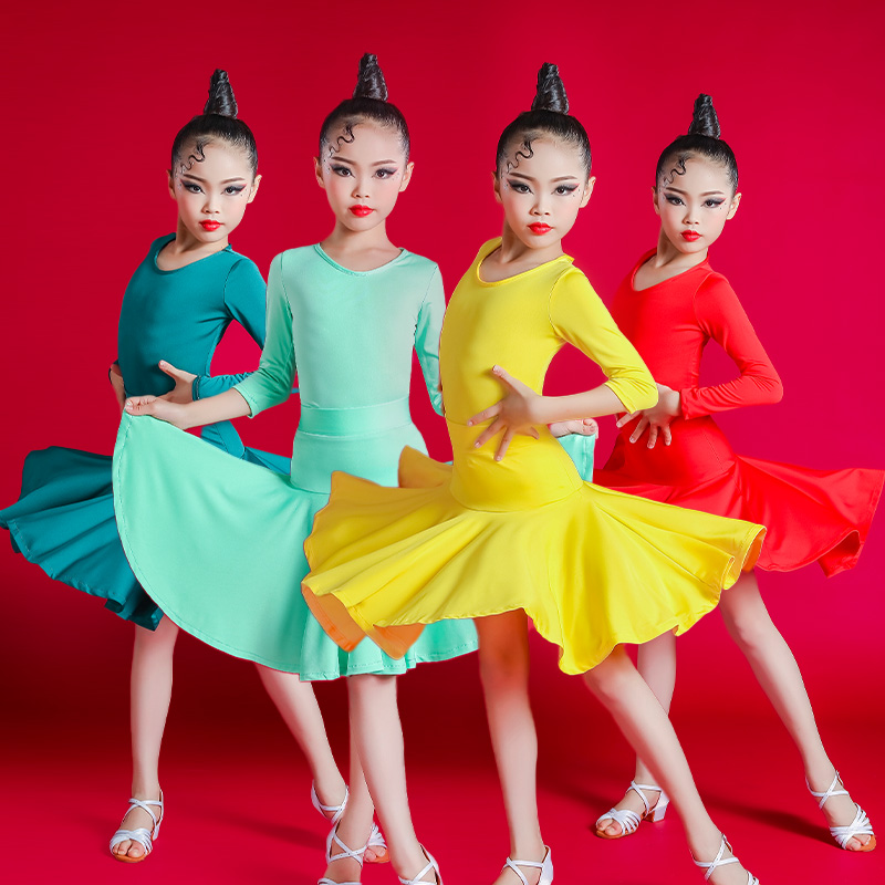 拉丁舞蹈服女儿童基础大裙摆演出服比赛规定训练功服冬夏台表演