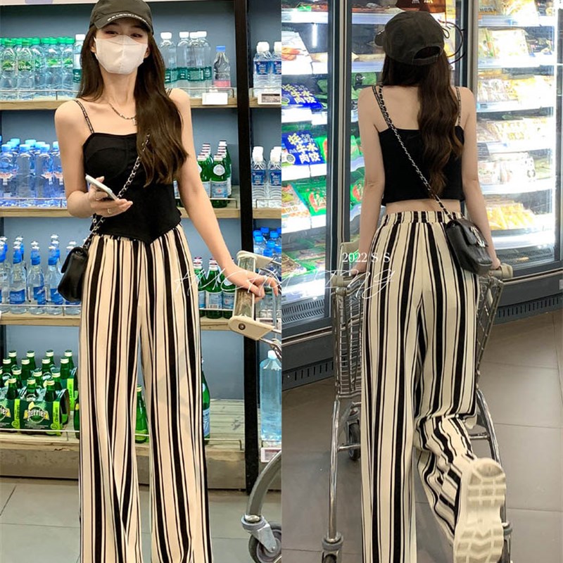 黑白条纹直筒休闲裤女春秋季2022新款高腰显瘦薄款宽松阔腿裤长裤
