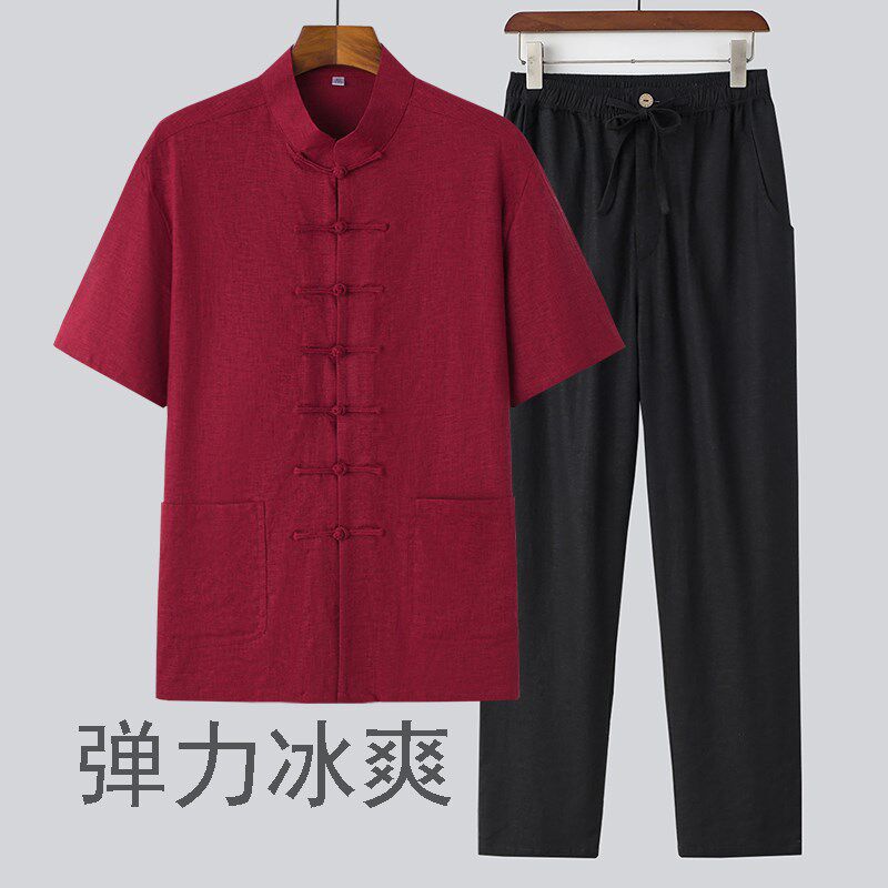 唐装男中c老年夏装中式复古短袖套装衬衫男弹力薄款冰丝亚麻两件