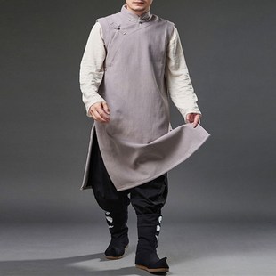 复古男装 长袍中式 长 立领加绒外套修身 中国风斜襟盘f扣马甲中长款