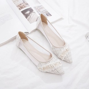 2024年夏季新款浅口网纱仙女风百搭平底豆M豆鞋珍珠瓢鞋尖头单鞋