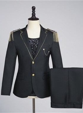新品黑色c流苏款男团休闲西装套装 男主持人婚庆黑色金边结婚礼服