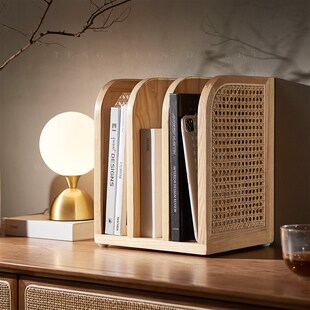 北欧藤编实木小书架现代简约书桌架子收纳架白蜡T木简易桌面置物