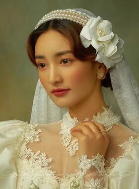 新娘法式复古珍珠蕾丝民国风头纱帽气质新娘结婚头饰影楼旅拍发饰