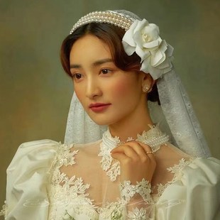 新娘法式复古珍珠蕾丝民国风头纱帽气质新娘结婚头饰影楼旅拍发饰
