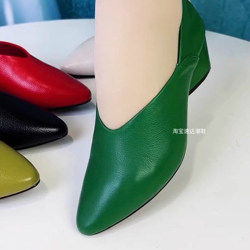 牛皮单鞋女2025春夏季新款真皮尖头粗跟中跟女鞋奶奶鞋软皮浅口鞋