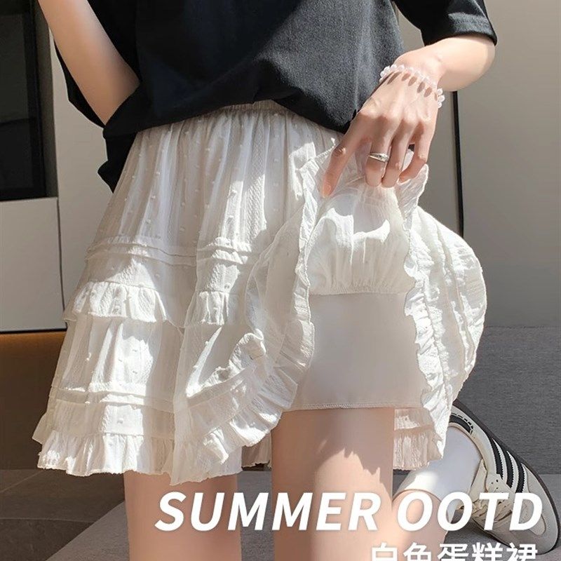 白色蛋糕裙女夏季小个r子高腰显瘦芭蕾风半身裙蕾丝a字蓬蓬短裙