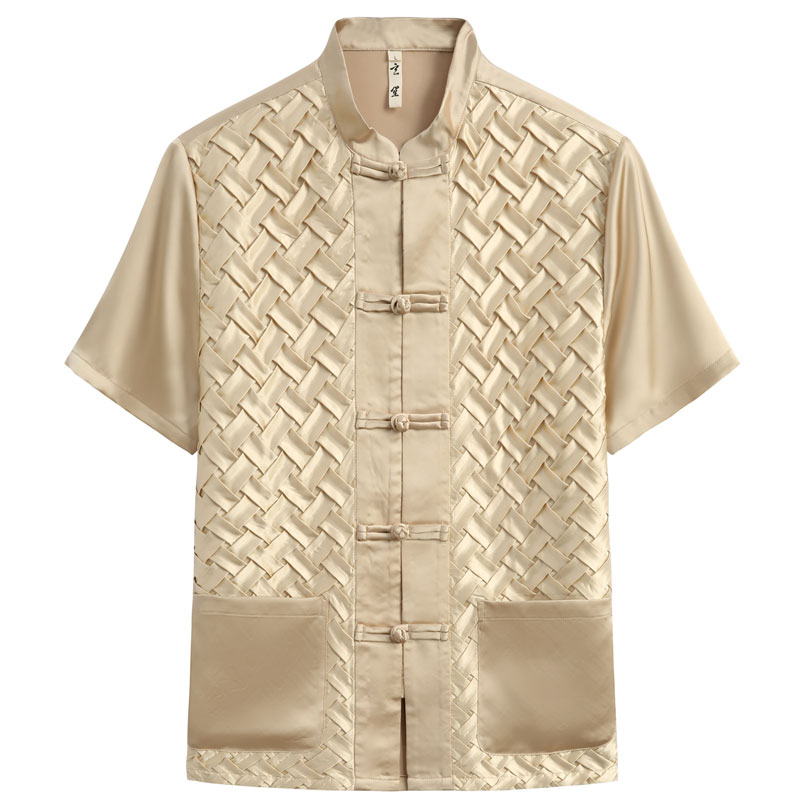 夏季唐装男铜氨丝短袖中式国潮立领衬衫男复古国潮手Z工盘扣衬衫