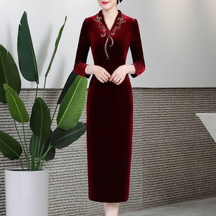 母亲婚宴礼服中长款妈妈参加婚y礼服冬季加绒喜婆婆连衣裙气质高