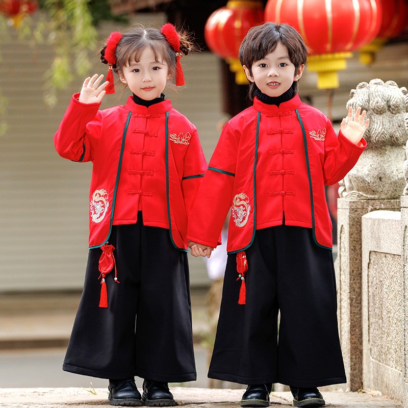 汉服女童秋冬款表演服儿童中国风唐装拜年服元旦节男童加绒演出服