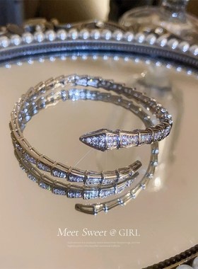 高档轻奢蛇形项链套装~高级感满钻锆石灵蛇戒指锁骨链手镯耳环