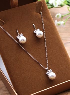 新娘锆石项链耳环二件套韩式简约红珍珠吊坠婚纱礼服配饰结婚饰品