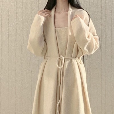 素衫 米色慵h懒风中长款针织开衫毛衣女外套温柔系带大衣秋冬百搭