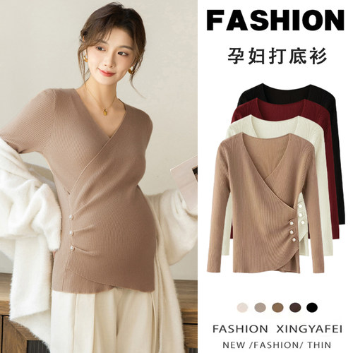 孕妇打底衫秋冬2024新款卡其色交叉领毛衣保暖针织长袖内搭上衣女