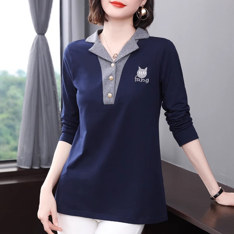 纯棉长袖t恤女装2023秋冬新款妈妈翻领上衣大尺码中长版女士打底
