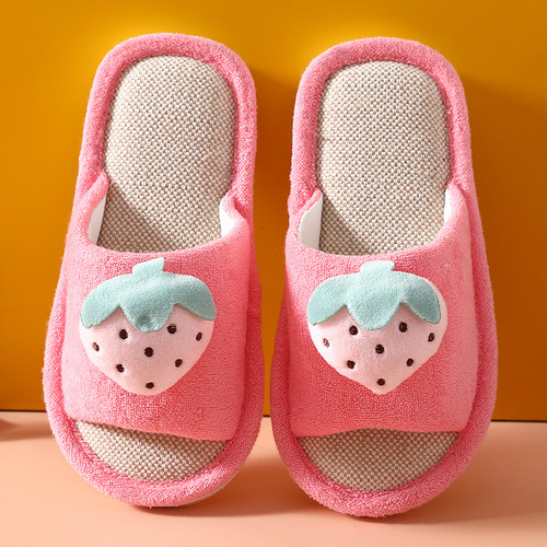 女童春秋拖鞋儿童秋室内家居亚麻男童家用棉麻女孩卡通草莓棉拖鞋