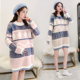 孕妇秋装套装大码半高领毛衣连衣裙中长款宽松上衣秋冬天打底衫女