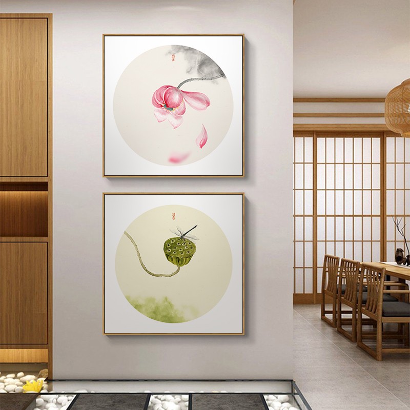 餐厅挂画新中式入户玄关装饰y画茶室饭店走廊过道壁画正方形花鸟图片