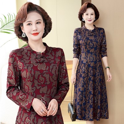 中老年连衣裙高档新m款妈妈装秋冬打底春秋气质时尚风套头长款裙