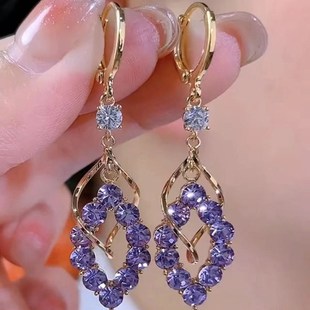 满钻紫色扭曲耳环耳扣高级感长款 潮 百搭耳饰小众设计螺旋耳坠新款
