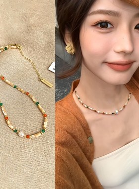 彩色珍珠串珠项链女款2024新款高级感轻奢小众毛衣链秋冬颈链配饰