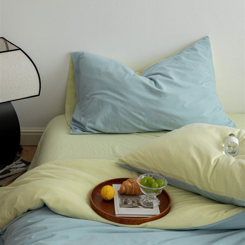 奶油色清新双拼针织棉床上四件套纯棉全棉柔软天竺棉被套床单床品