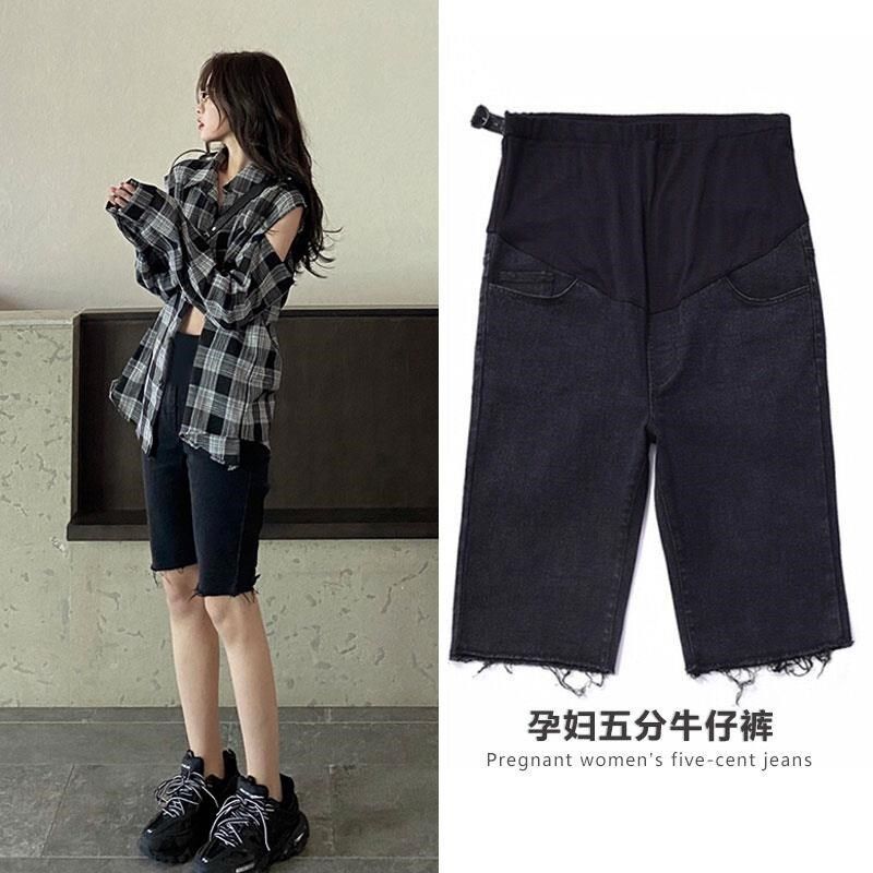 孕妇牛仔短裤子春秋款时尚骑行z五分裤外穿女春夏季薄款黑灰打底