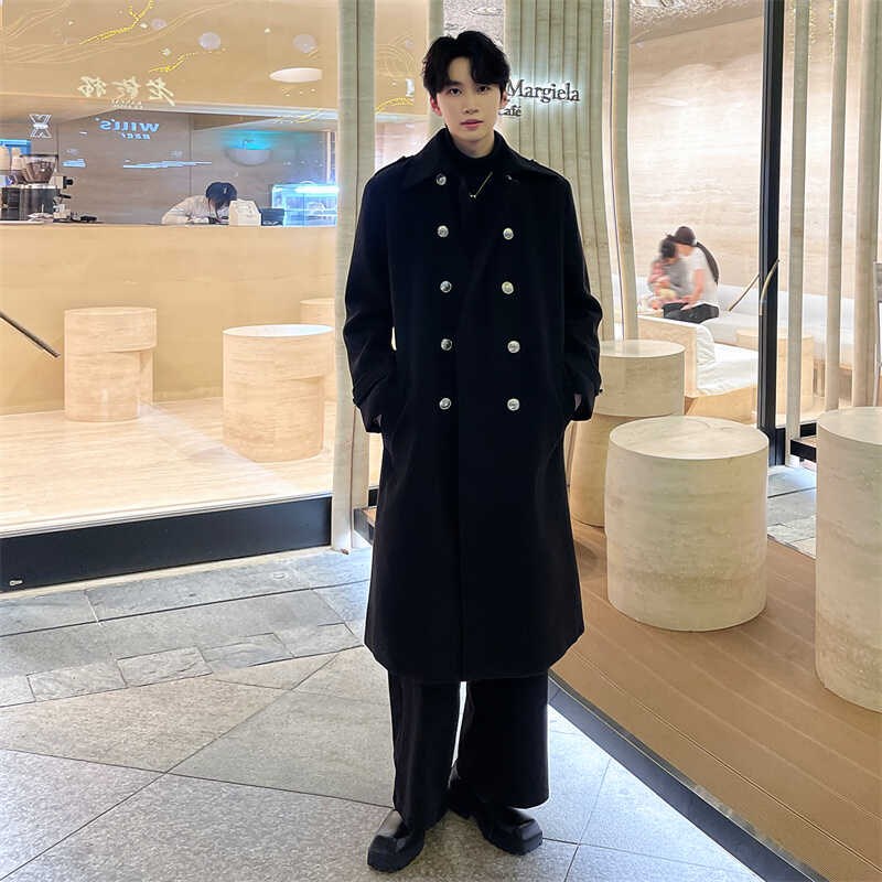 冬季毛呢大衣男中长款过膝风衣商务迎宾工作服暗黑加厚双排扣外套