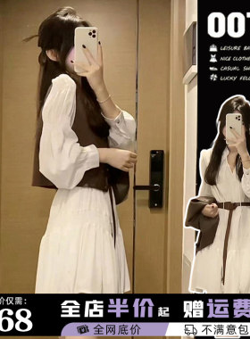 哺乳秋装外出时尚辣妈长袖衬衫洋装+马甲两件套产后哺乳裙秋冬