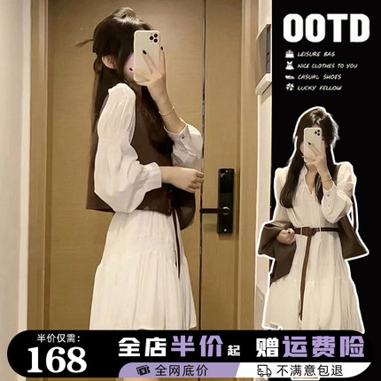 哺乳秋装外出时尚辣妈长袖衬衫洋装+马甲两件套产后哺乳裙秋冬